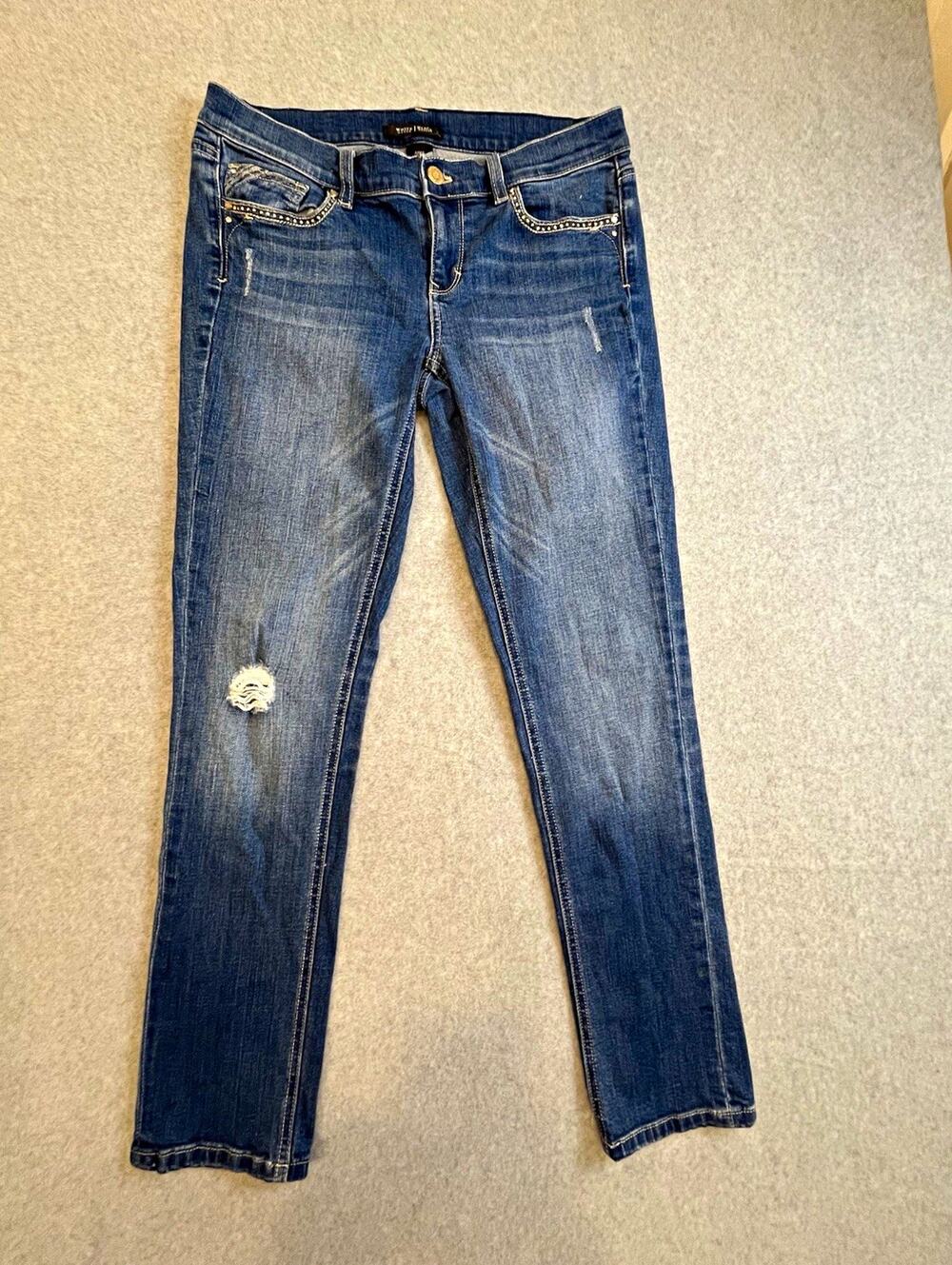 White House Black Market NOIR Womens Slim Ankle Jeans Blue MedWash Studded Sz 6R